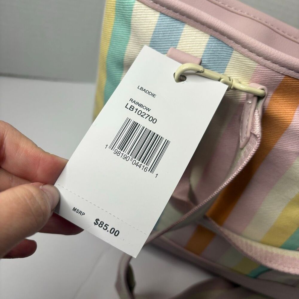 Betsey Johnson Canvas Tote Colorful Rainbow Stripe Floral Bag Charm NWT - Picture 10 of 14